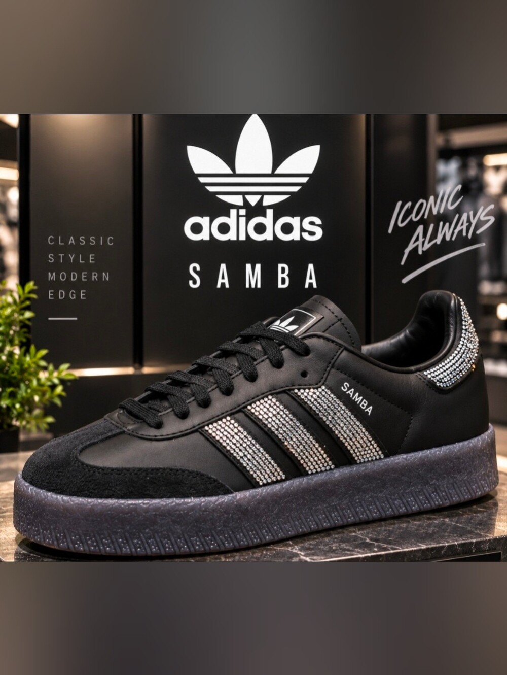 adidas Sambae W Rhinestone Black Silver Women’s 6.5 / Youth 5.5Y NIB IH4045